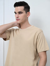 FITINC Cotton Crew Neck Regular Fit Beige T-Shirt for Men