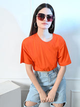 FITINC Women Cotton Oversized Drop Shoulder Orange T-Shirt