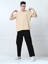 FITINC Beige Cotton Oversized Drop Shoulder T-Shirt for Men