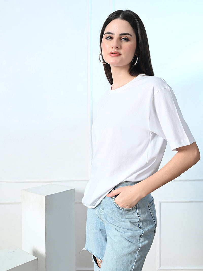 FITINC Women Cotton Oversized Drop Shoulder White T-Shirt