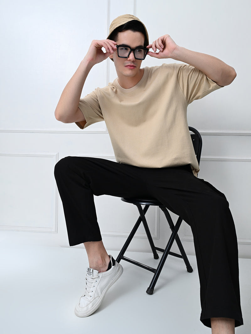 FITINC Beige Cotton Oversized Drop Shoulder T-Shirt for Men