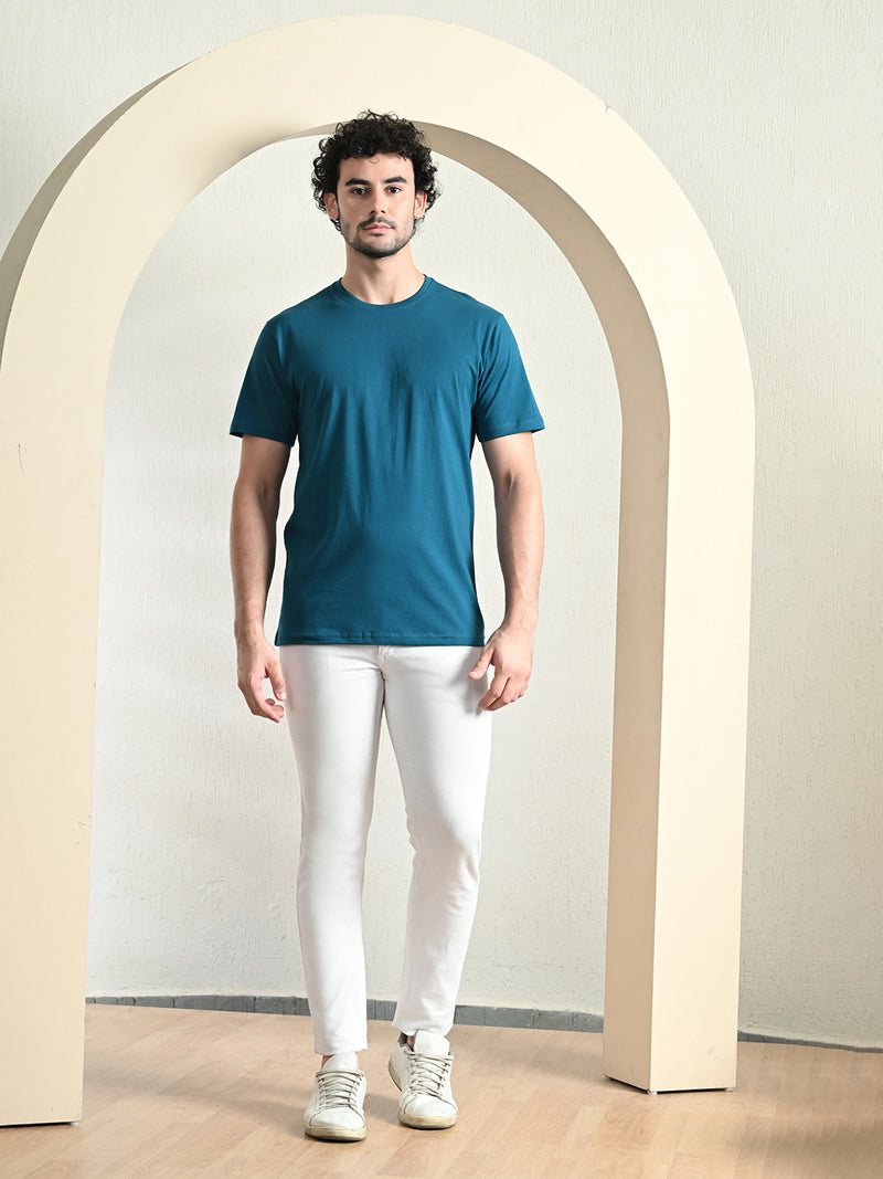 FITINC Cotton Crew Neck Regular Fit Teal T-Shirt for Men