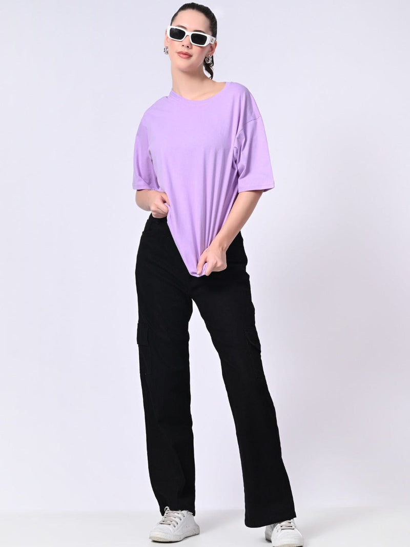 FITINC Women Cotton Oversized Drop Shoulder Lavender T-Shirt