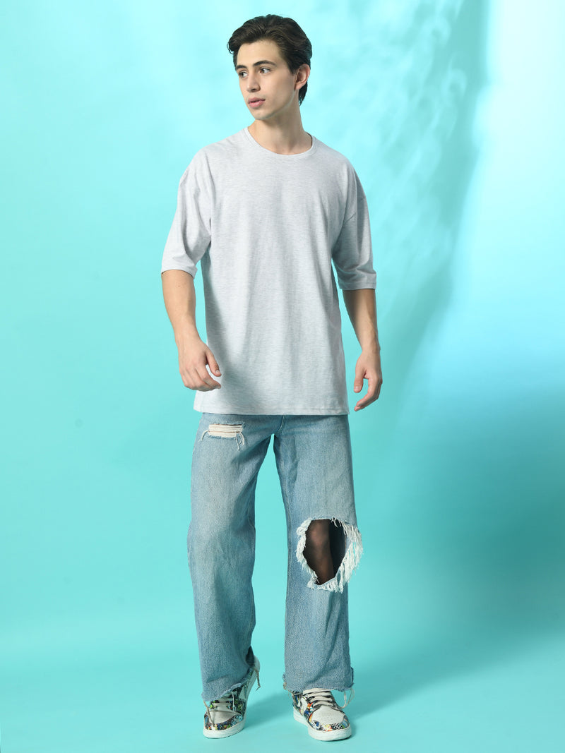 FITINC Melange Grey Cotton Oversized Drop Shoulder T-Shirt for Men