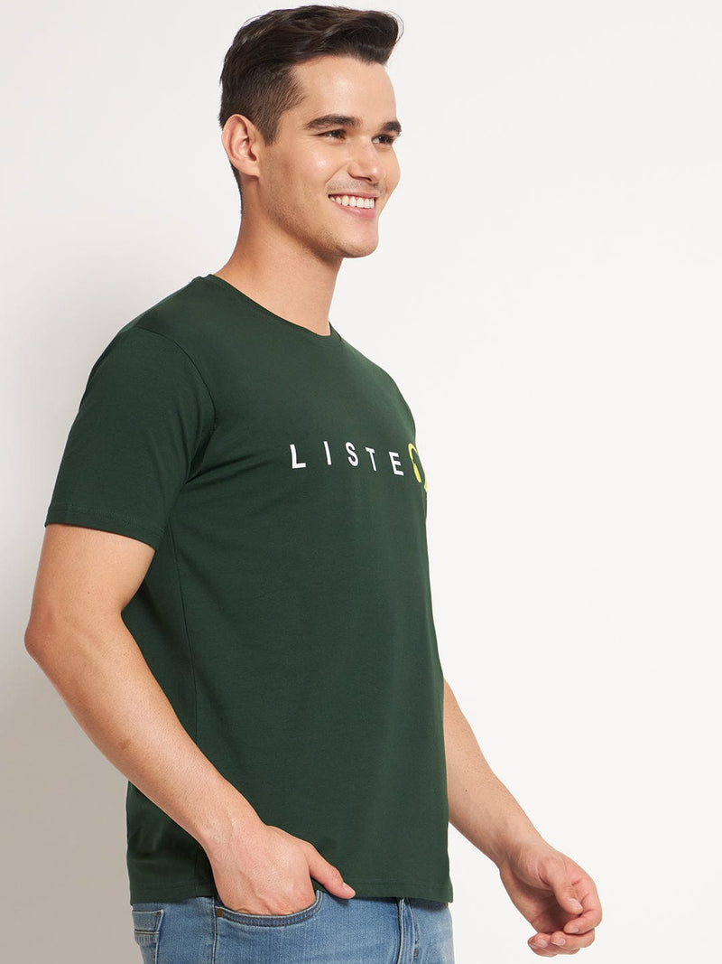 FITINC Listen Graphic Bottle Green Cotton T-Shirt