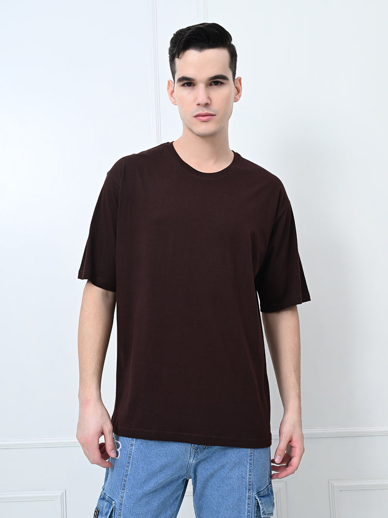 FITINC Coffee Cotton Oversized Drop Shoulder T-Shirt for Men