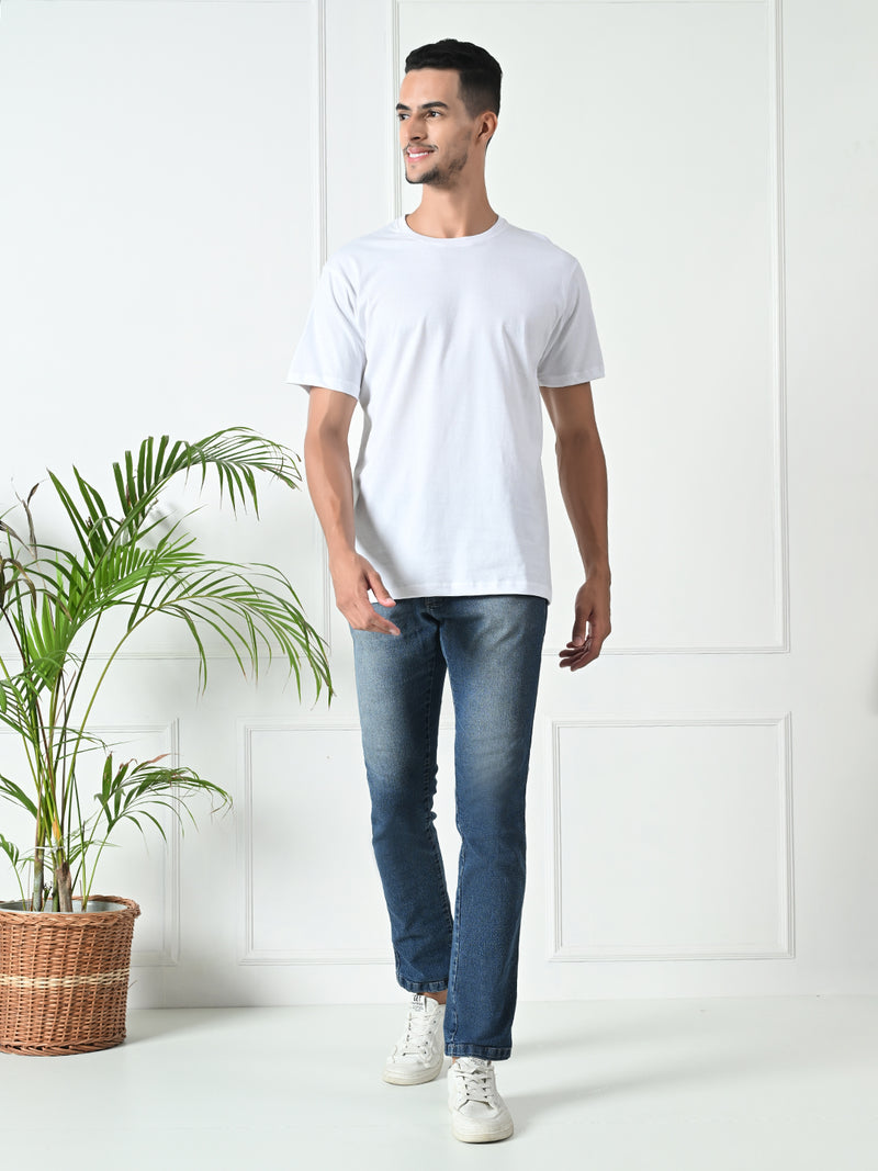 FITINC Cotton Crew Neck Regular Fit White T-Shirt for Men