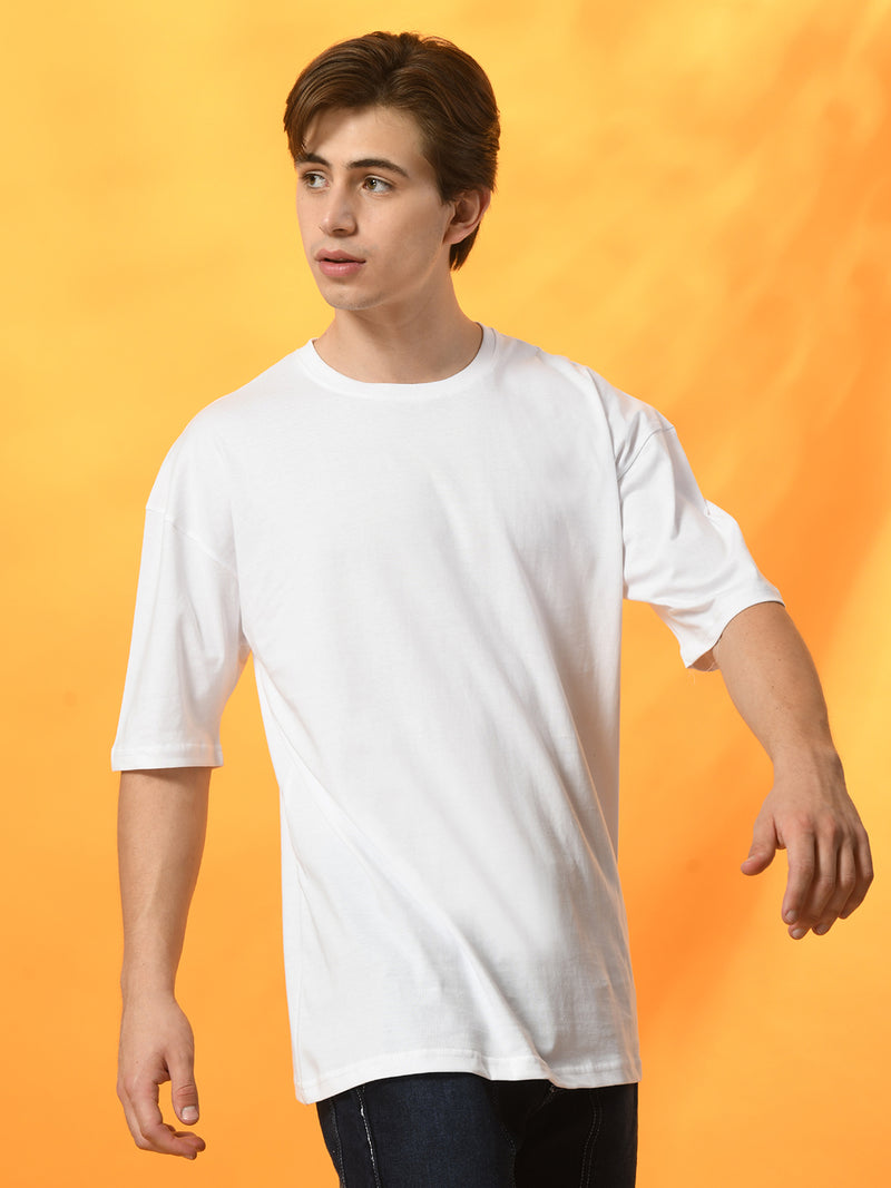 FITINC White Cotton Oversized Drop Shoulder T-Shirt for Men