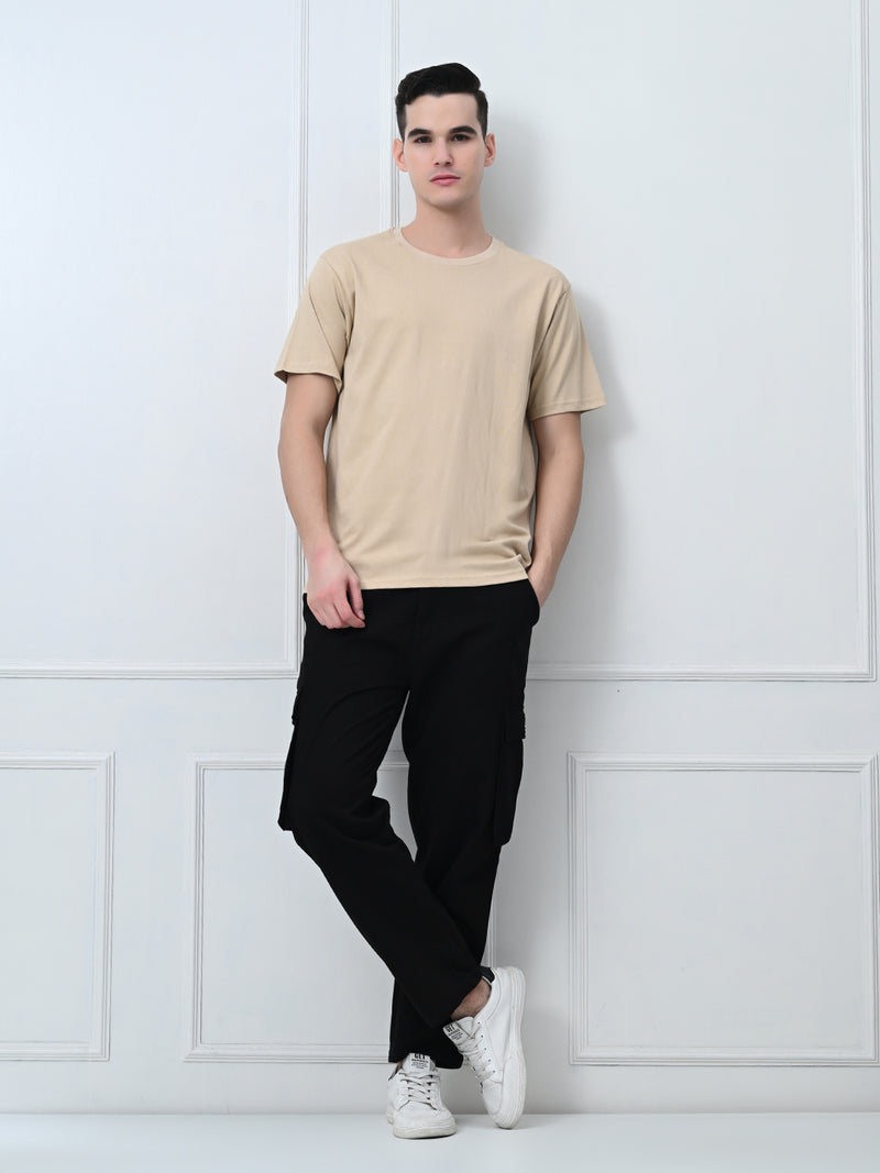 FITINC Cotton Crew Neck Regular Fit Beige T-Shirt for Men