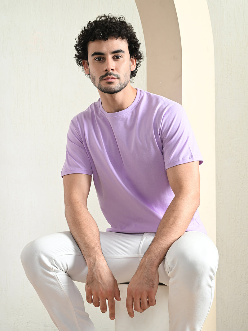 FITINC Cotton Crew Neck Regular Fit Lavender T-Shirt for Men