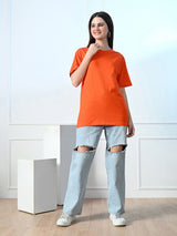 FITINC Women Cotton Oversized Drop Shoulder Orange T-Shirt