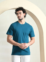 FITINC Cotton Crew Neck Regular Fit Teal T-Shirt for Men