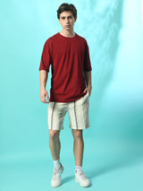 FITINC Maroon Oversized Drop Shoulder T-Shirt for Men