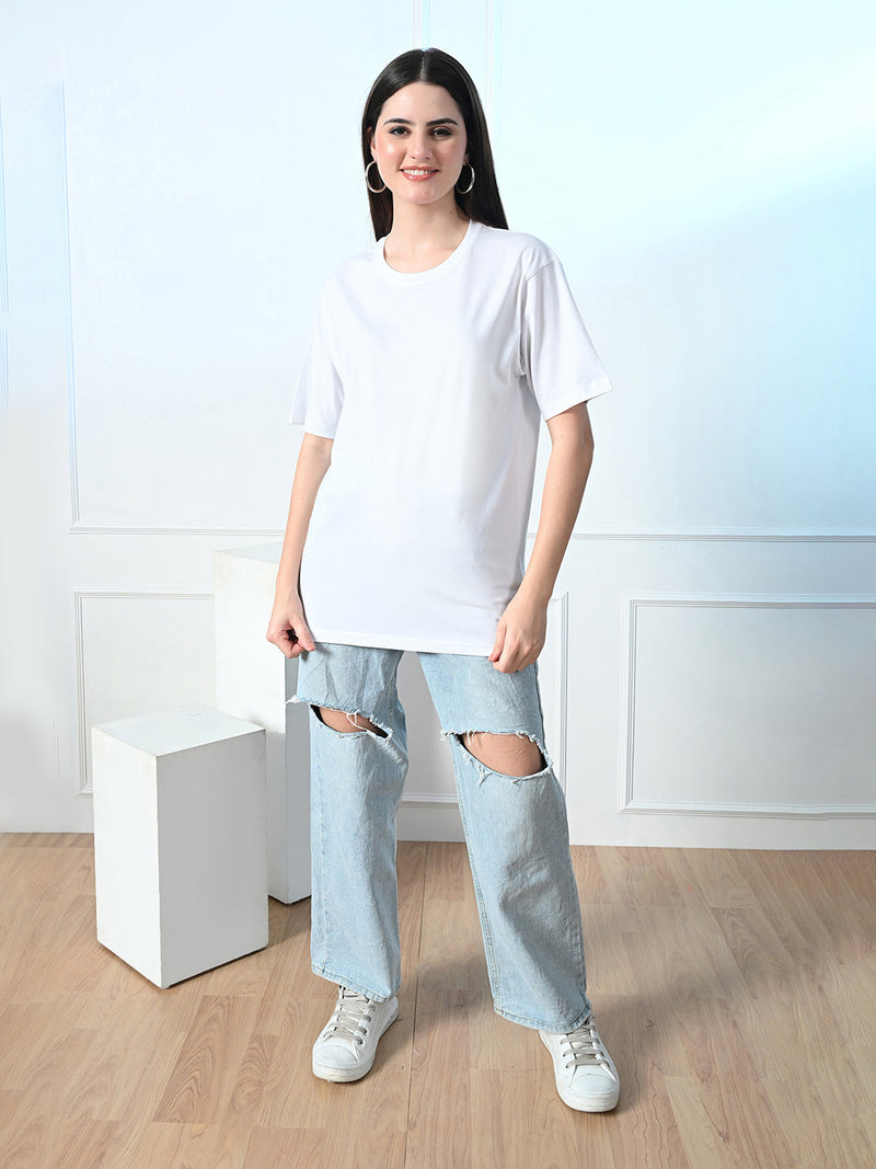 FITINC Women Cotton Oversized Drop Shoulder White T-Shirt