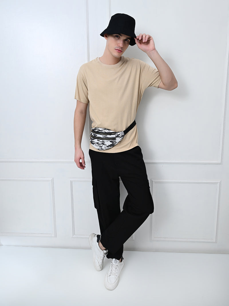 FITINC Cotton Crew Neck Regular Fit Beige T-Shirt for Men