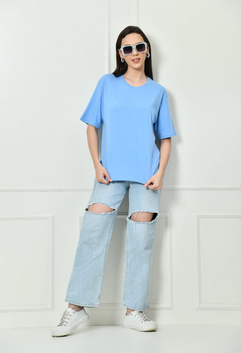 FITINC Women Cotton Oversized Drop Shoulder SkyBlue T-Shirt