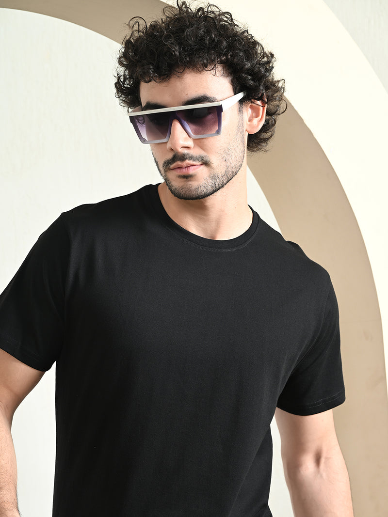 FITINC Cotton Crew Neck Regular Fit Black T-Shirt for Men