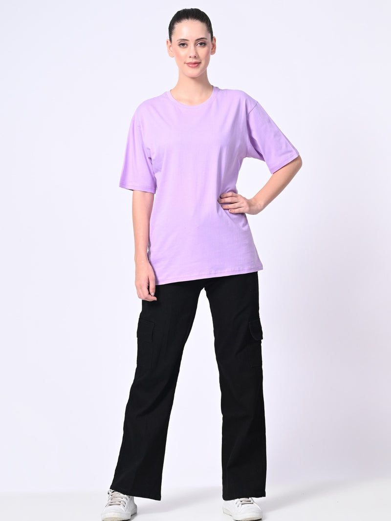 FITINC Women Cotton Oversized Drop Shoulder Lavender T-Shirt