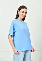 FITINC Women Cotton Oversized Drop Shoulder SkyBlue T-Shirt