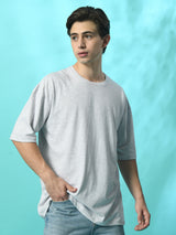 FITINC Melange Grey Cotton Oversized Drop Shoulder T-Shirt for Men