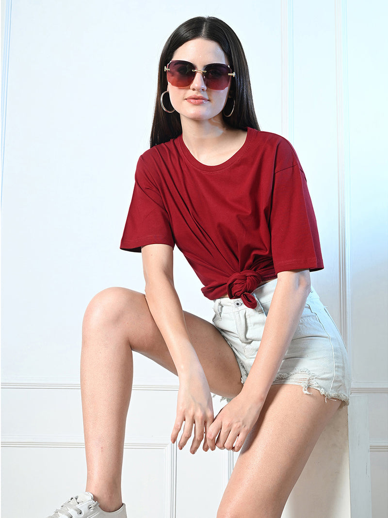 FITINC Women Cotton Oversized Drop Shoulder Maroon T-Shirt