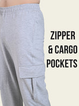 FITINC All Weather Cotton Cargo Jogger for Men with Zipper Pockets - Melange Grey