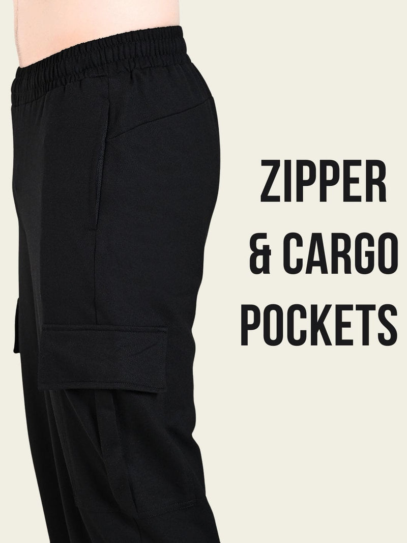 FITINC All Weather Cotton Zipper Pockets Jogger Cargo for Men - Black