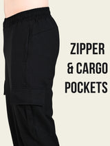 FITINC All Weather Cotton Cargo Jogger for Men with Zipper Pockets - Black