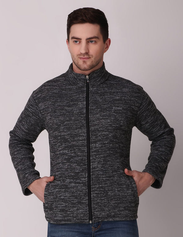 Fitinc Fleece Full Sleeves Melange Black Jacket for Men - FITINC