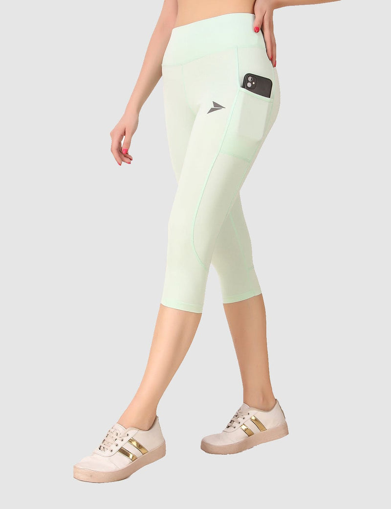 Fitinc Light Green Capri for Women with Mobile Pockets - FITINC